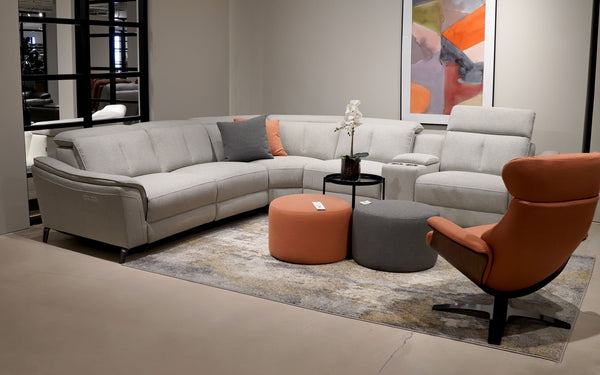 Power recliner with cup holder | Zafferano Modern Motion Reclining Sectional, Fabric, Dove | Mofit Home Furniture