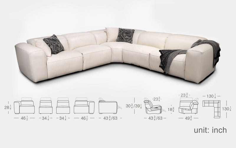 Rosabella 5pc Modern Leather Reclining Sectional